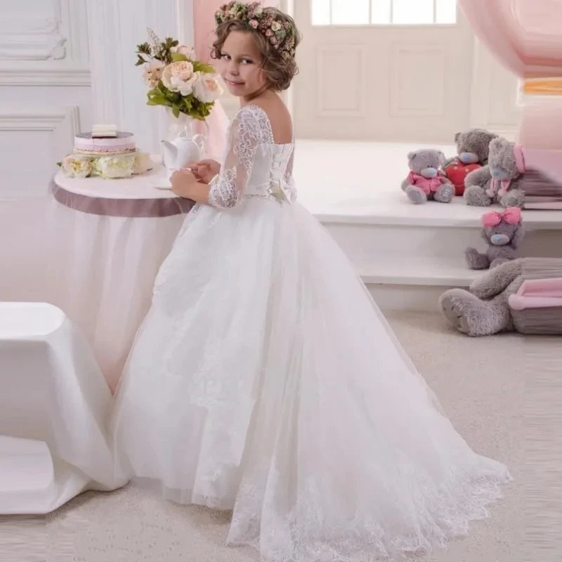 White Flower Girl Dresses Tulle Puffy Lace Appliques With Bow Half Sleeve For Wedding Birthday Party First Communion Gowns