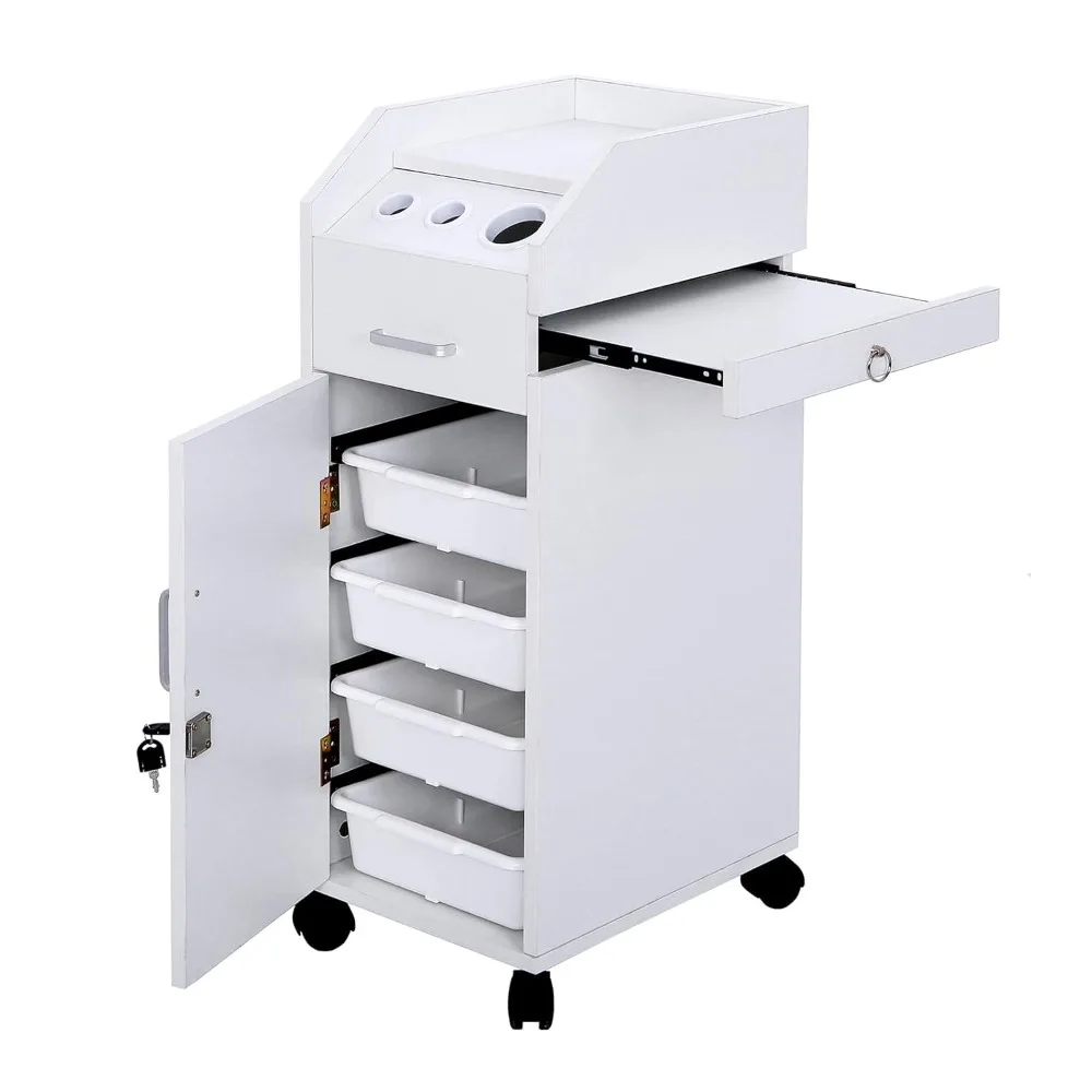 Salon Storage Cart with Wheels & 3 Hair Dryer Holders & 4 Drawers & Lock, 2 Keys, Hairdressing Tools Station