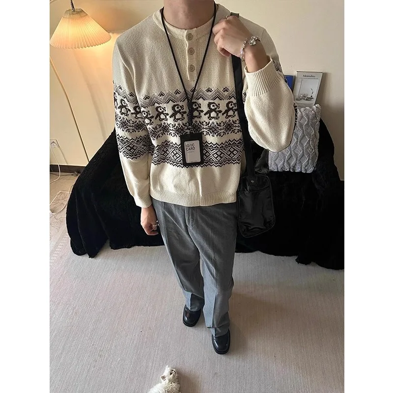 

Retro Japanese Cisas Penguin Fair Isle Knit Sweater ex Autumn Winter Lazy Sle Couple's Knitted irt Casual Wear