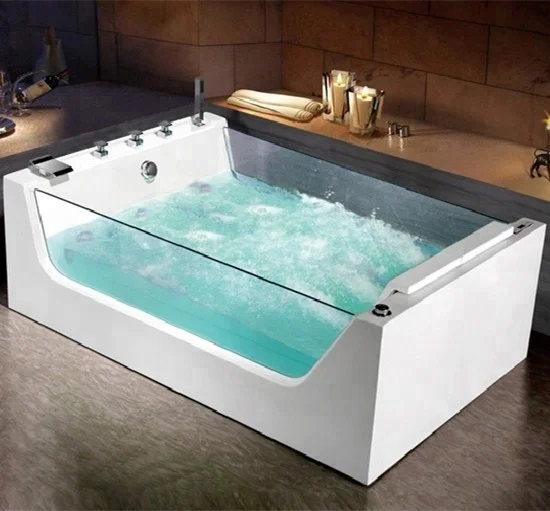 Hot Sale Large Luxurious Acrylic Freestanding Transparent Hydromassage Massage Bathtub With Clear Tempered Glass For 2 Persons