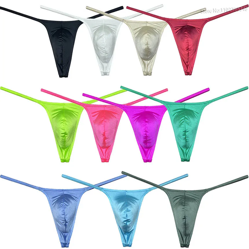 Men\'s Silk Glossy Micro Cut String Thong Slim Pouch Underwear Swim Posing Solid T-back Breathable Comfy Elastic Bkini