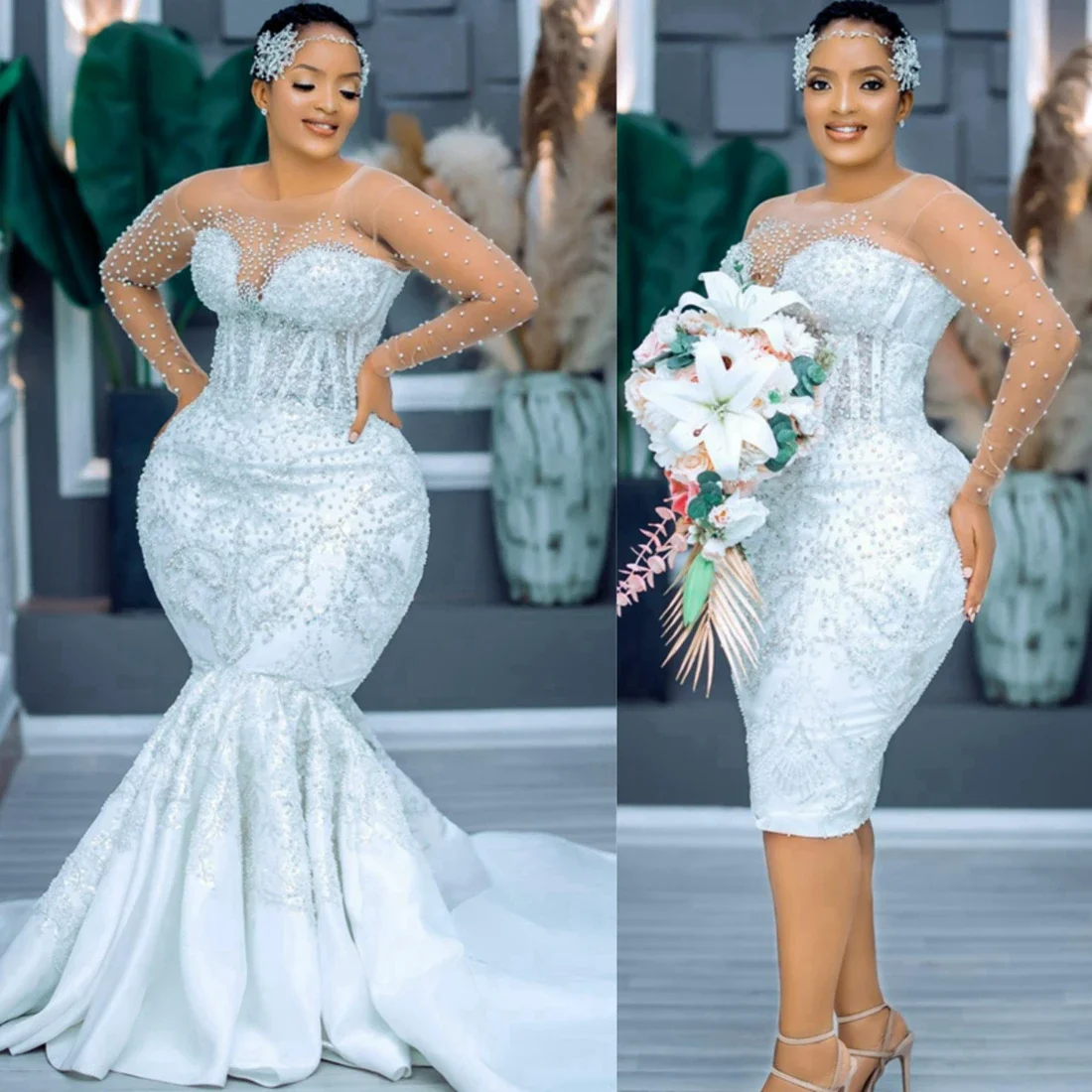 Customized  O-Neck  Sparkly Beads Crystal Wedding Dress For Bride Robe De Mariée  Long Sleeves Bridal Gown with Removable Skirt