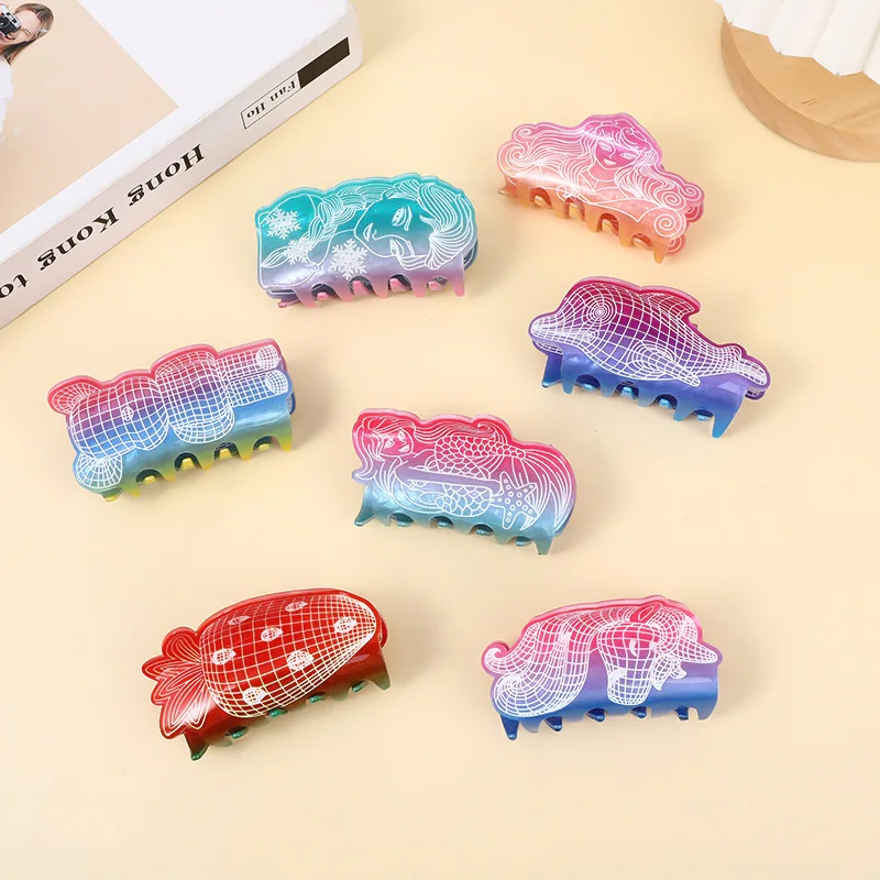 DuoShang New Style Animal Bear Mermaid Print Acrylic Hair Claw Luxury Claw Clip Crab Hair Clip for Women Girls Hair Accessories