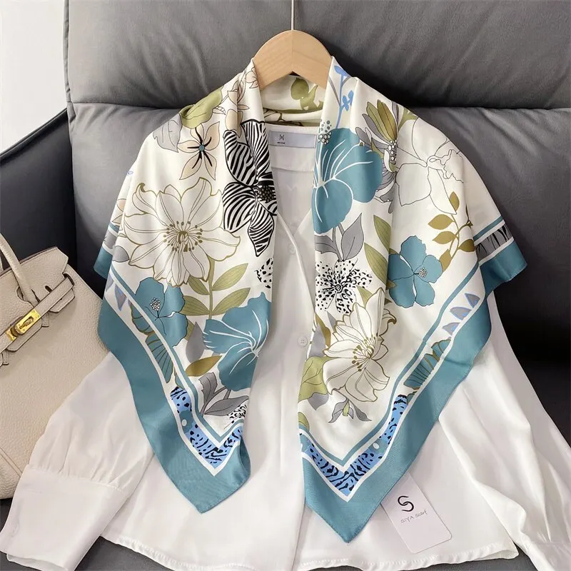 90*90cm Women's Square Silk Satin Polyester Scarf Flower Printed Shawls Hijab Four Seasons Bandanna