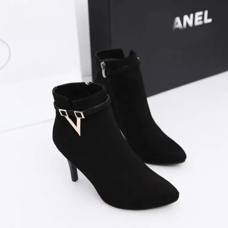 Stiletto Thin Heel Pointed Toe Faux Leather Zipper Sexy Boots Ankle Women Boot Red High Heels 9cm Spring Autumn 40 Boot