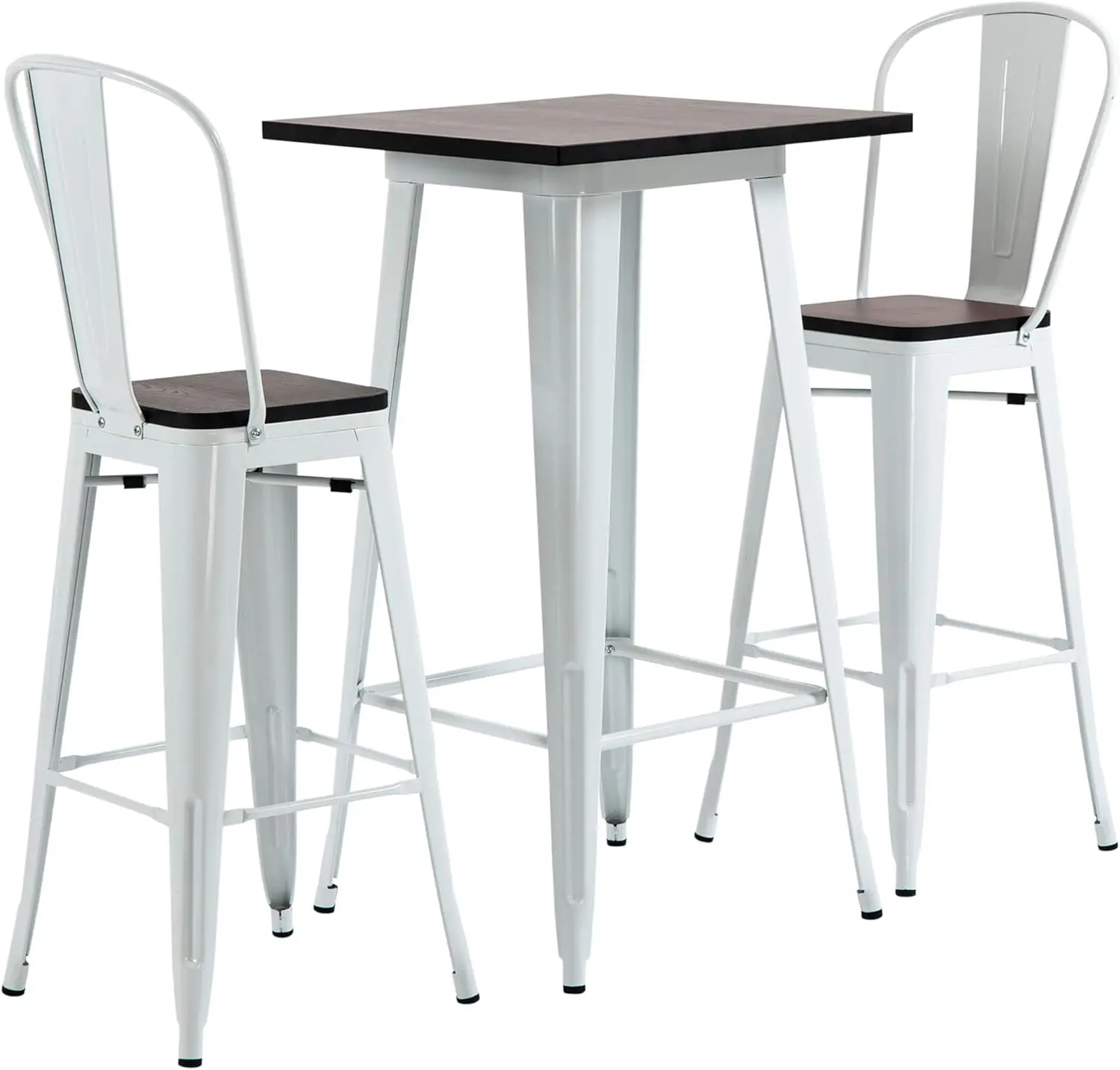 3 Piece Industrial Dining Table Set, Bar Height Bar Table And Chairs Set With Footrests For Bistro, Pub, White And Brown