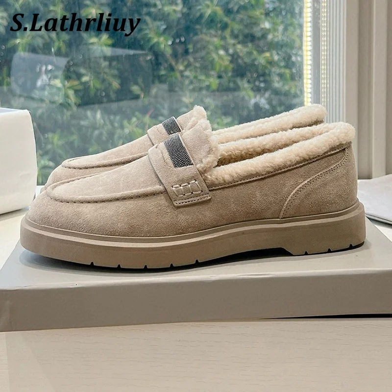 

2024 Autumn Winter Thick Sole Fur Lazy Loafers Women's Round Toe Suede String Bead Flat Shoes Real Wool Lining warm Casual Shoes