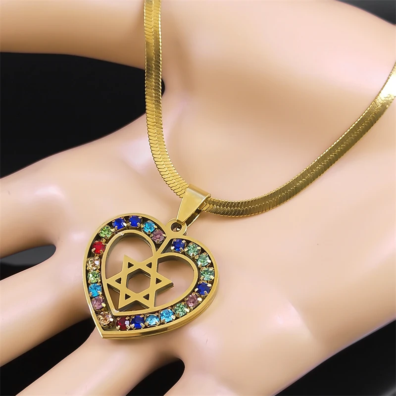 Heart Hexagram Jewish Necklace for Women Men Stainless Steel Gold Color Star of David Amulet Chain Gift Jewelry colar N6474-1S01