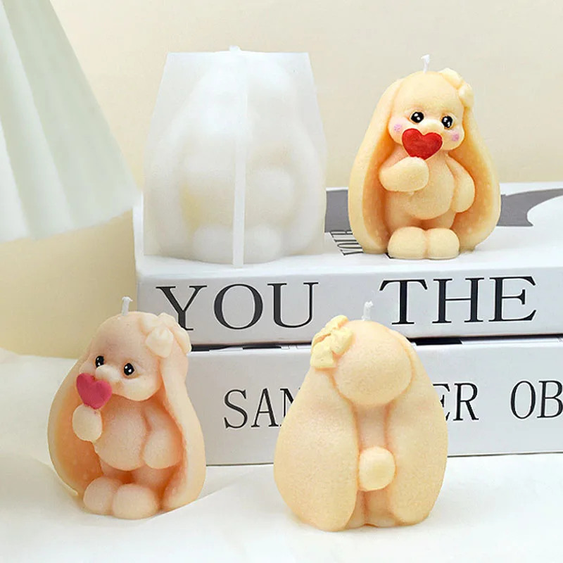 3D Cute Long-eared Rabbit Candle Silicone Mold Handicraft Shy Bunny Holding Heart Candle Gypsum Mould Cake Chocolate Decor Gifts