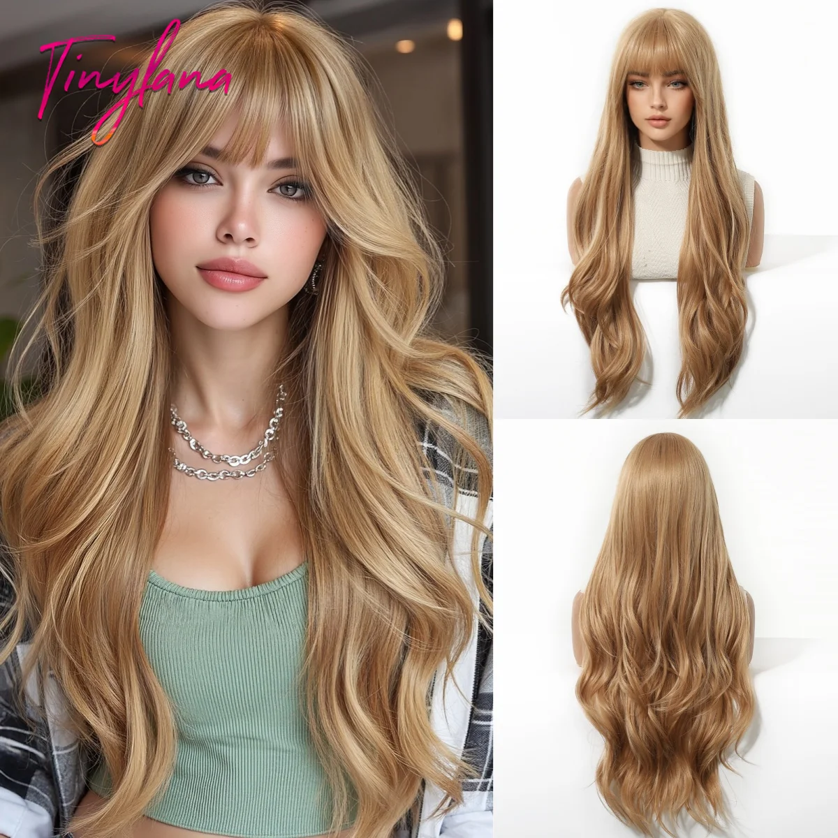 

Длинные золотисто-русые волнистые синтетические парики с челкой для женщин, золотисто-коричневые, для косплея, на каждый день, термостойкие