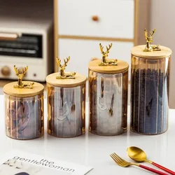 Deer Wood Lid Sealed Glass Sugar Jar Nuts Coffee Beans Grain Storage Glass Tea Jar Food Storage Container Bottle Kitchen Tool