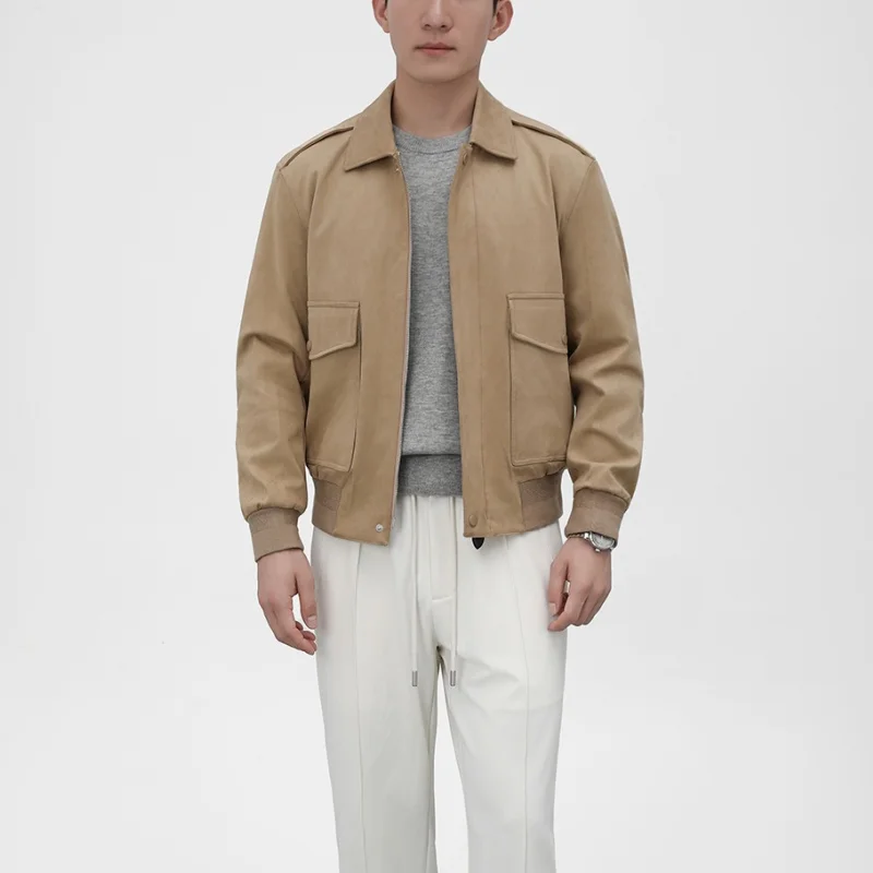 رجل الأعمال الراقية لينة الجلد المدبوغ المخملية الخريف/الشتاء التلبيب قصيرة نمط الرجال المضادة للتجاعيد سترة معطف #6