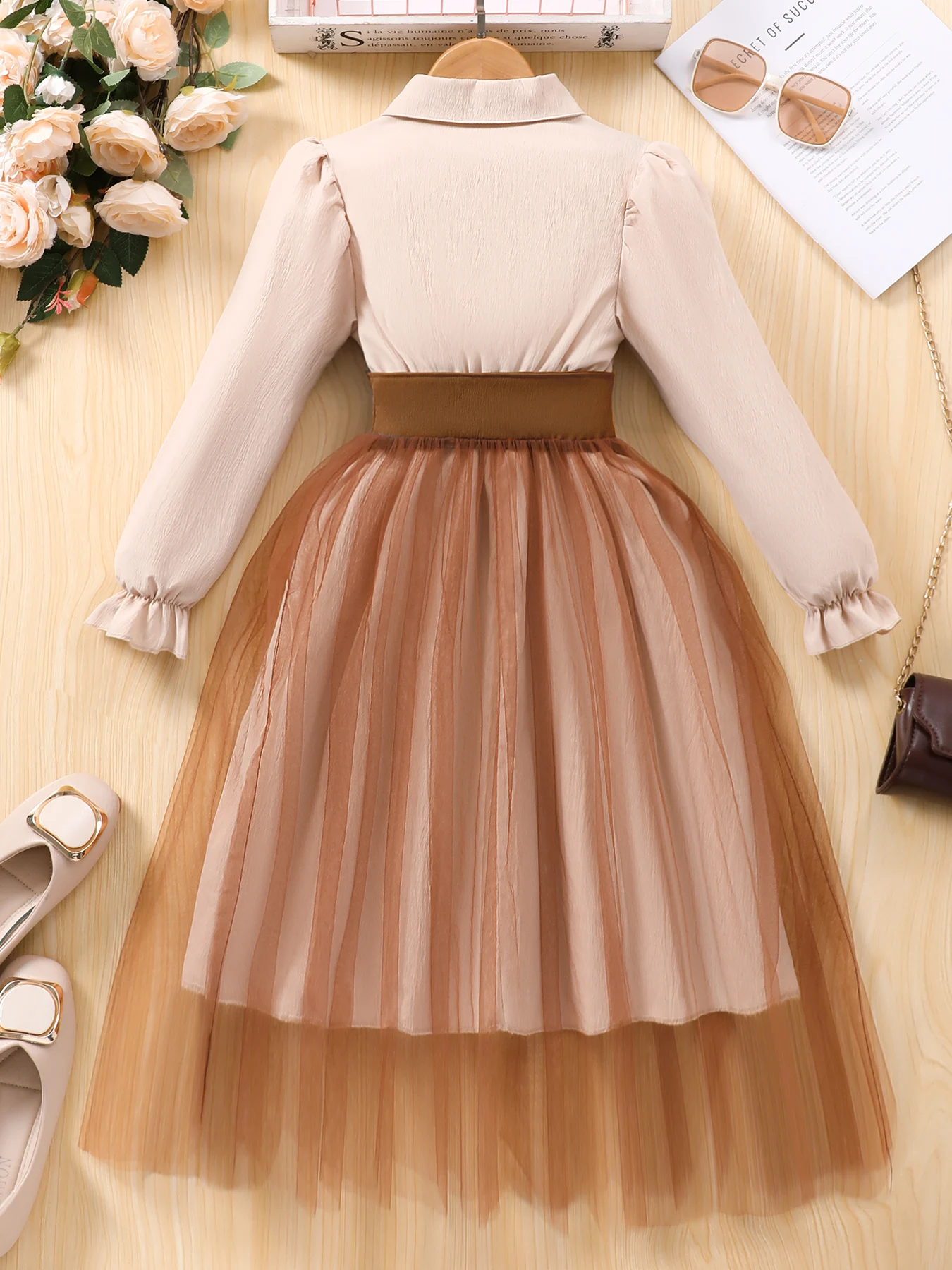 Girls\' long sleeved lapel waistband mesh patchwork dress