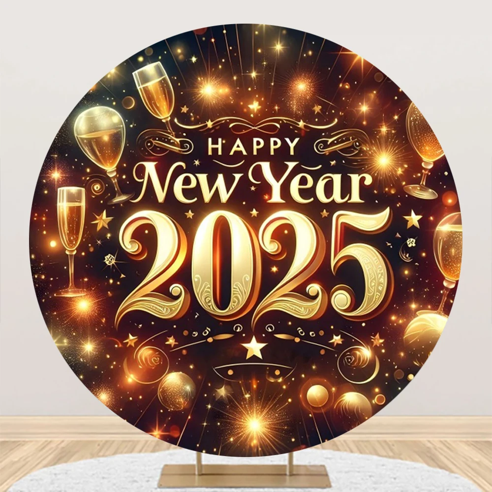 2025 Happy New Year Round Backdrop Cover Clock Firework Gifts Champagne Bell Family Party Circle Photography Background Decor