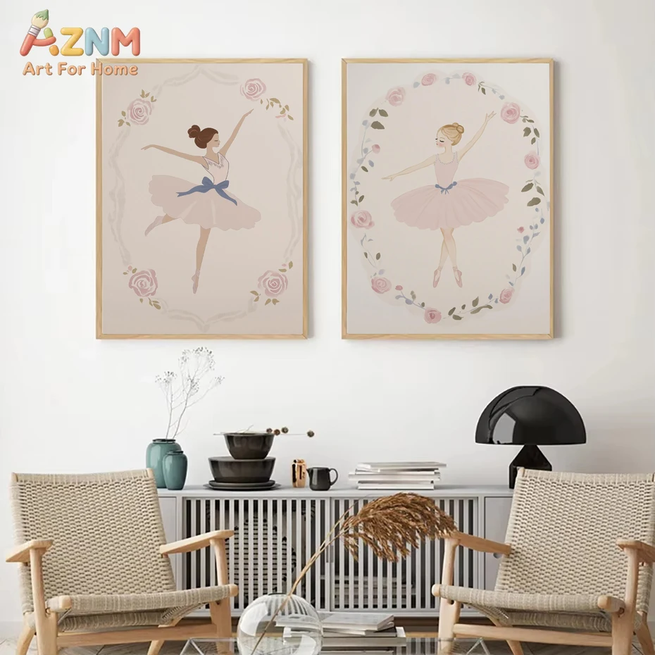 Pink Ballet Girl Wall Art Ballet Swan Carousel Flower Nursery Art Elegant Ballet Pink Bedroom Decor Girls Dorm Room Decoration