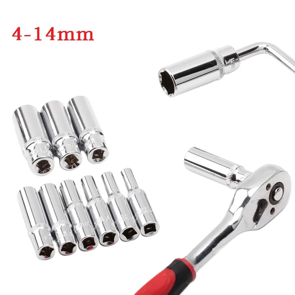 1pc 4-14mm Socket Set Deep Socket Adapter Chrome Vanadium Steel Socket 1/4 Hex Drive Impact Drivers Socket Wrenches Hand Tools