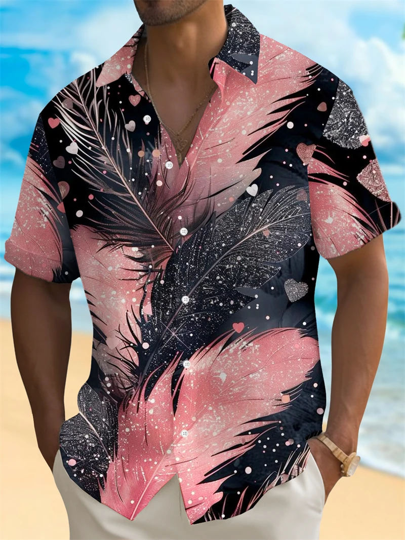 Camisa masculina de verão com estampa 3D de penas coloridas manga curta camisa havaiana com botões sem bolsos camisas para mulheres