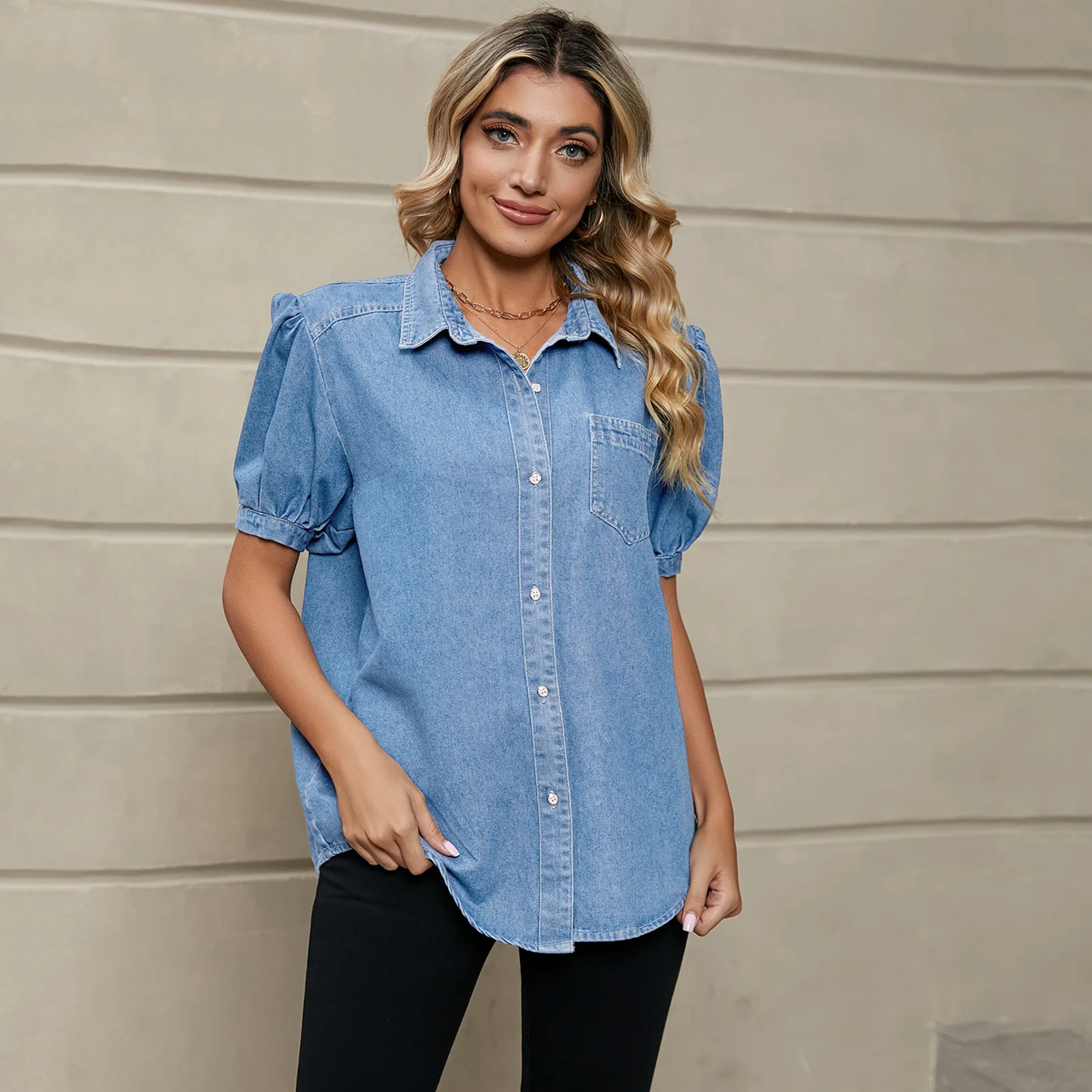 Europäische und amerikanische Mode neue Joker Princess Ärmel Revers dünnes Jeanshemd Freizeithemd Flut Damenbekleidung