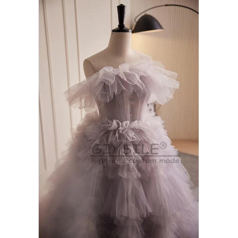 GIYSILE Abito da sera per banchetti viola rosa chiaro personalizzato Abito da sera con top a tubo senza maniche Gonna soffice a pieghe da principessa Coda piccola