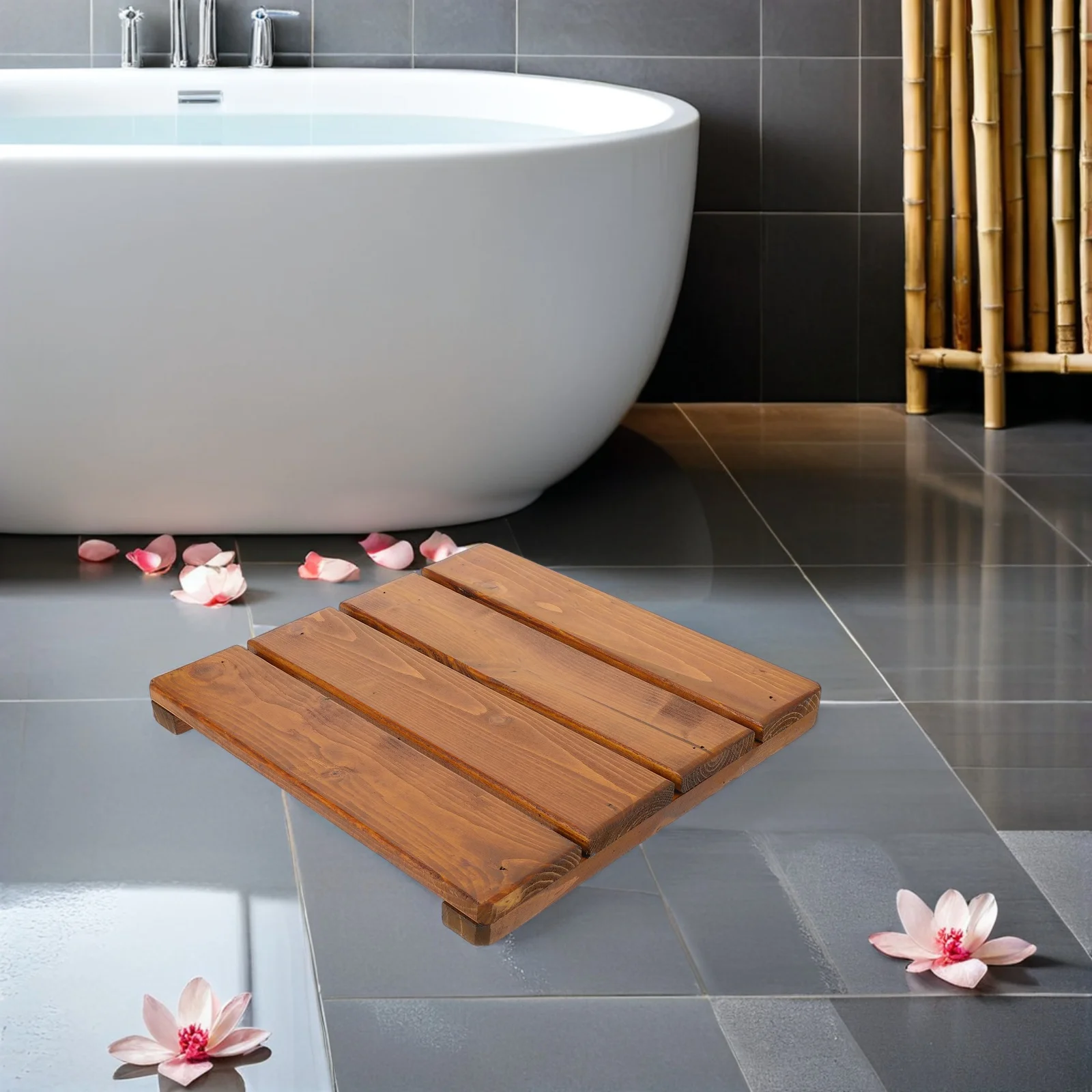 

Non-Slip Wooden Bathroom Mat Sturdy Shower Floor Rug Quick Drainage System Easy Clean Bathtub Mat for Home Use