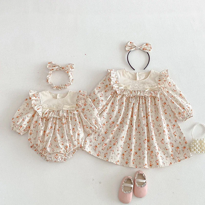 2026 New Spring 2-7Yrs Girl Party Dress Long Sleeved Cotton Print Baby Girl Romper Kids Princess Dresses Sister Clothes