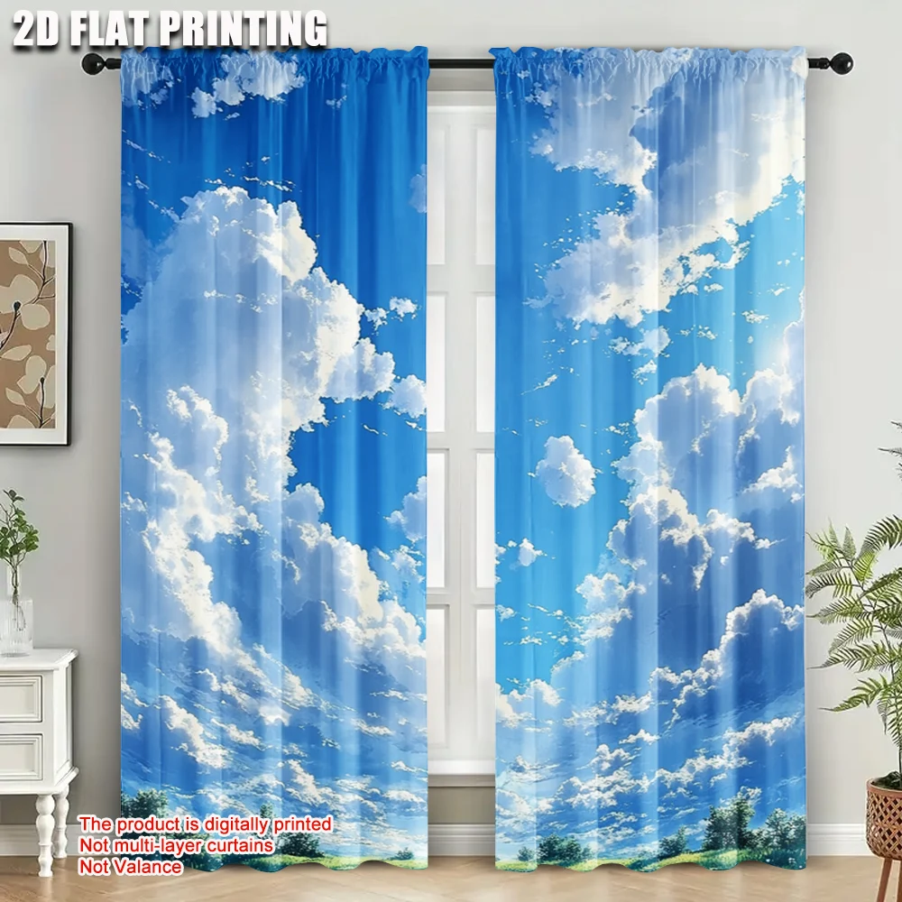 2pcs, Curtains 2D print Blue Sky White Clouds Machine Washable (without rod) Home Decor Use for Bedroom, Living Room, Office,