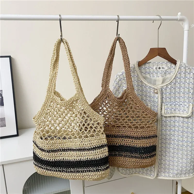 Hollow Straw Women Shoulder Bags Paper Woven Lady Handmade Handbags Summer Beach Large Tote Bag Big Casual Shopper Purses 2023