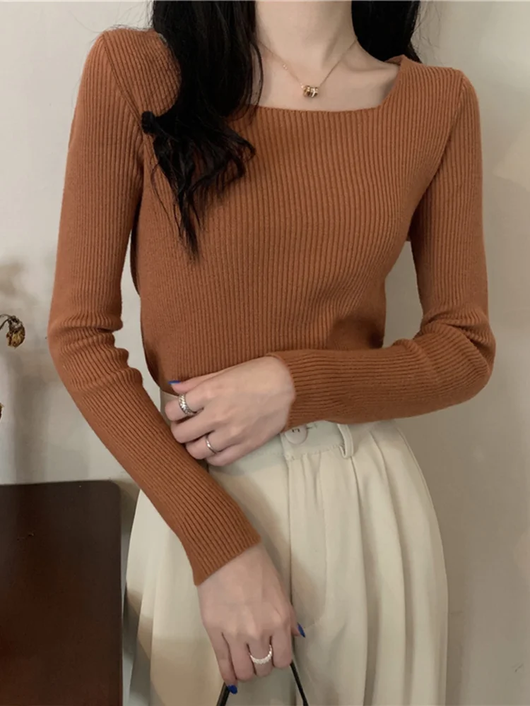

Slim Fit Korean Sle Knitted Sweater Women's Long Sve Square Collar Lazy Faion Inner Wear T-irt Autumn Winter Top