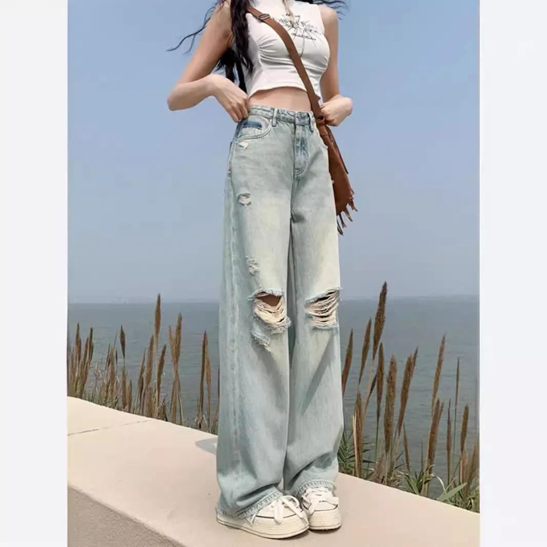 Ripped jeans women's summer thin 2024 new drape loose high waist light color mopping straight wide-leg pants