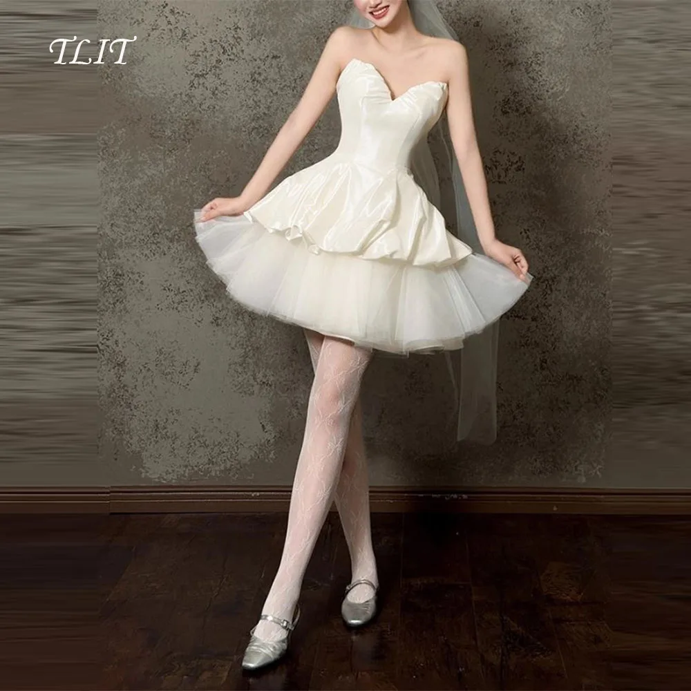 

TLIT Elegant Silk Satin Short Tulle A-Line Evening Gown Dresses Sweetheart Prom Gowns Sleeveless Customized Formal Party