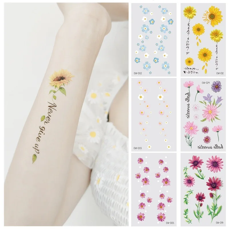 Autocollants de faux tatouages temporaires, 25 sortes de fleurs de marguerite, imperméables, jetables, accessoires de Festival