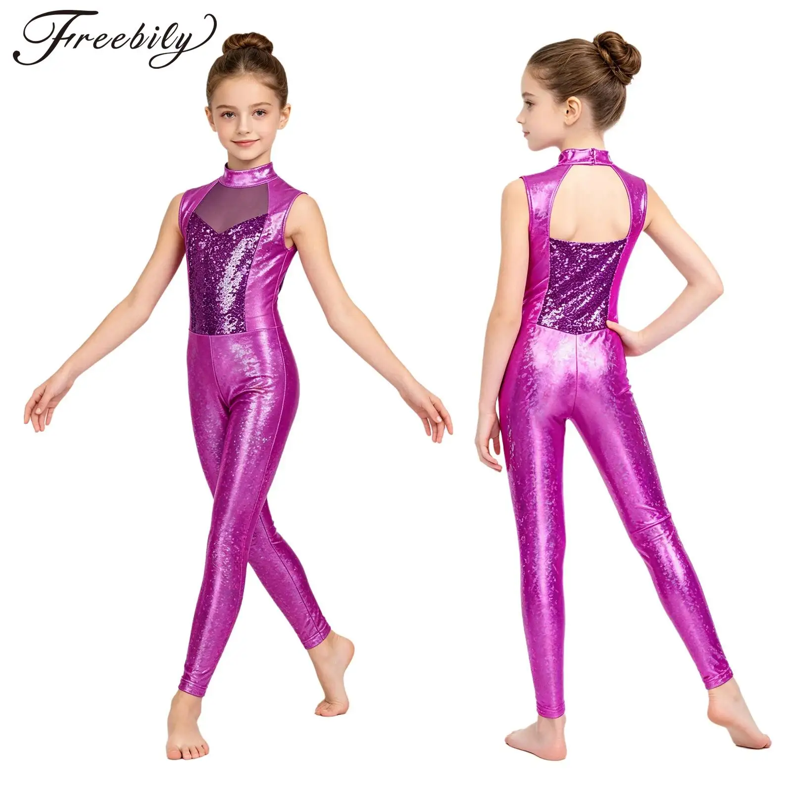 Kids Girls Ballet Dance Gymnastics Leotard Sleeveless Mesh Metallic Shiny Sequins Unitards Figure Skating Acrobatics Costume