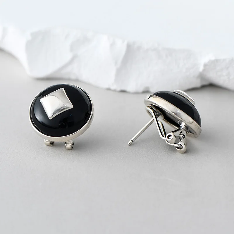 S925 فضة Charms قرط الاذن المرصع للنساء مطعمة العقيق الأسود المستديرة مذهب الأذن ترصيع موضة مجوهرات بسيطة بالجملة #2