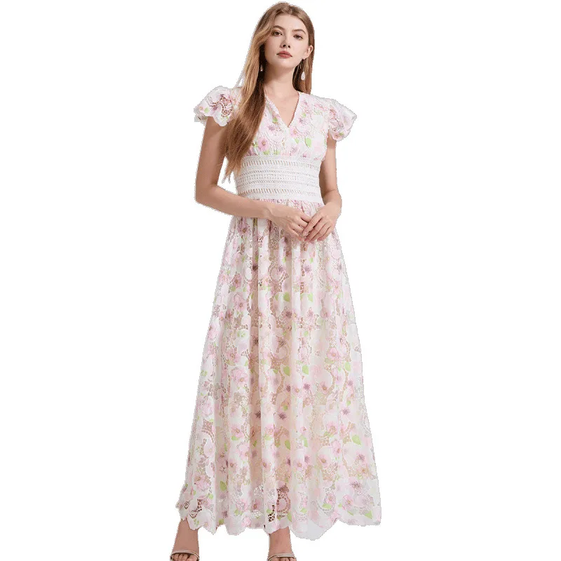 Taille haute A-Line Dr Broderie lourde Garniture en dentelle florale Puffy Sve Jupe d'épissure découpée 3D Chinois Hiver Thiened Wind...