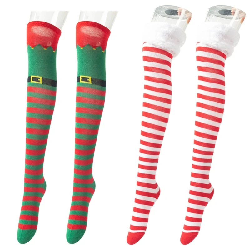 Festival Christmas Elf Boot Striped Thigh High Stockings for Women Holiday Cosplay Costume Over the Knee Long Socks