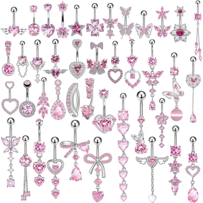 Fashion Pink Crystal Crown Belly Button Rings Stainless Steel Long Pendant Butterfly Heart Navel Piercing for Women Jewelry