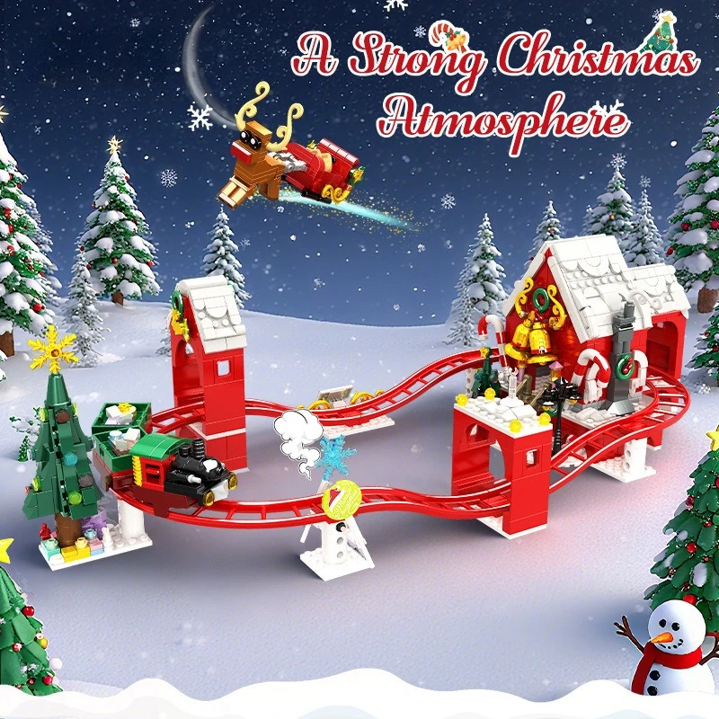 Świąteczna seria: Ślizgający się pociąg, tor kolejowy, klocki MOC, sanie Świętego Mikołaja, zabawki do samodzielnego montażu, model, małe klocki, prezent świąteczny.