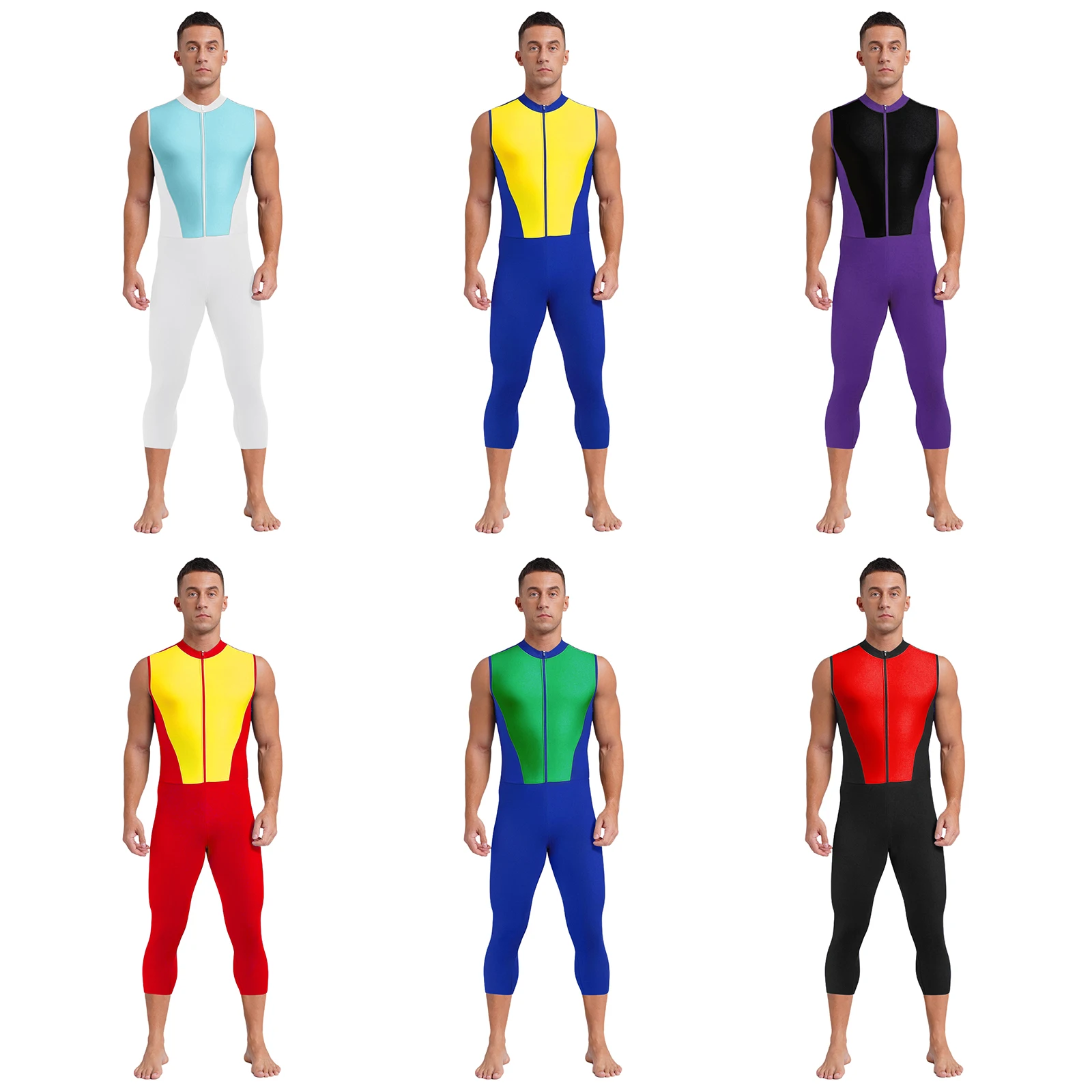 

Men Stretchy Sports Jumpsuit Color Block Athletic Jumpsuit Sleeveless Calf Length Bodysuit Workout Sportswear Beachwear Swimwear