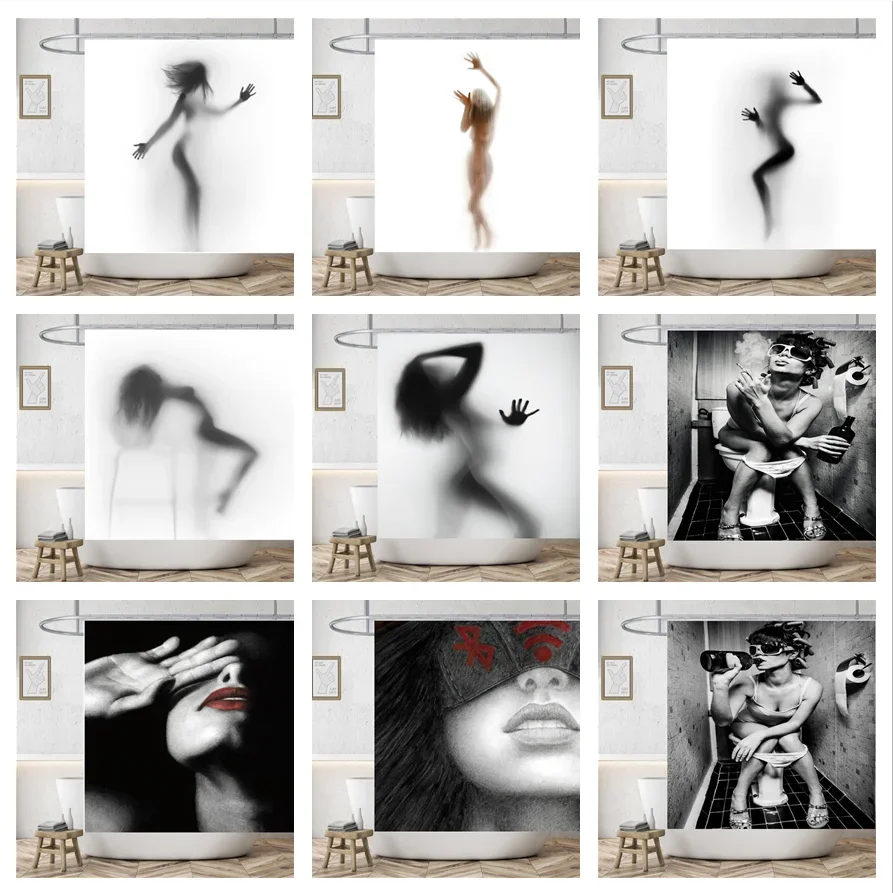 

Drinking Smoking Sexy Woman In Toilet Shower Curtain Black White Polyester Fabric Bathroom Curtains Waterproof 3D Sea Home Decor