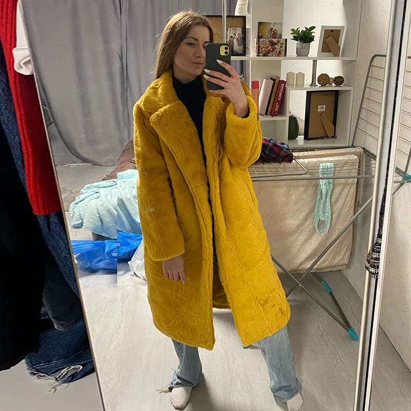 Nuove donne invernali cappotto di pelliccia di coniglio finto cappotto allentato con risvolto spesso caldo Plus Size cappotti di peluche femminili cappotto di pelliccia lungo di lusso