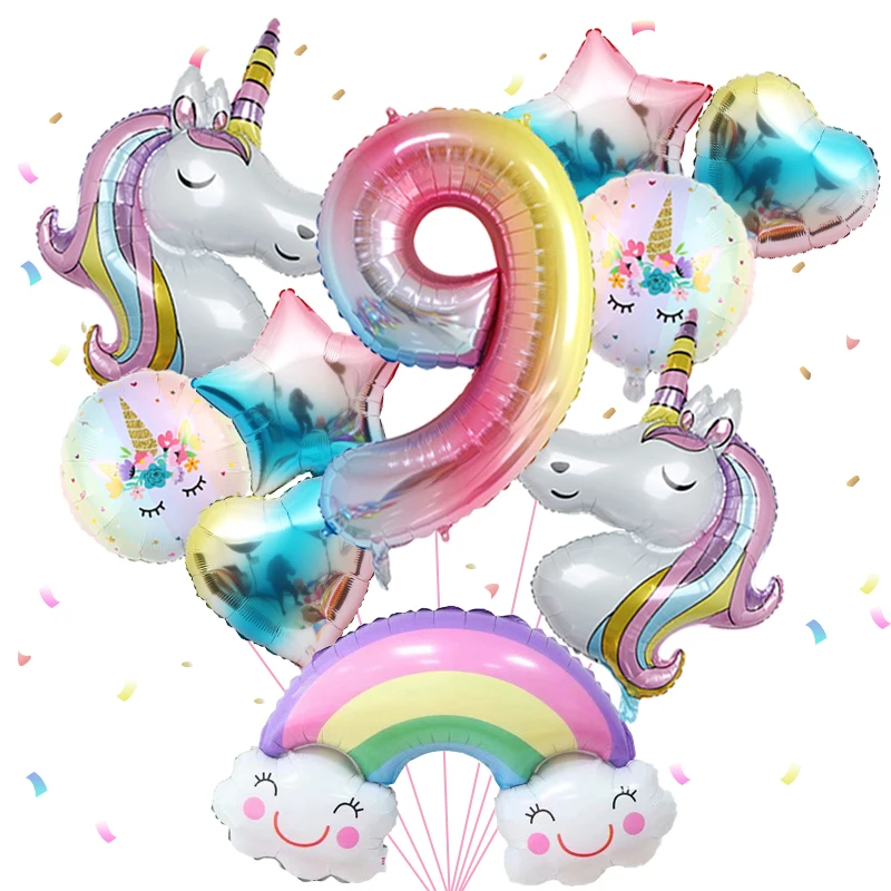 1 set regenboog eenhoorn meisje ballon aluminium film ballon set met lachende regenboogfolie 1e pasgeboren feestdecoratie benodigdheden