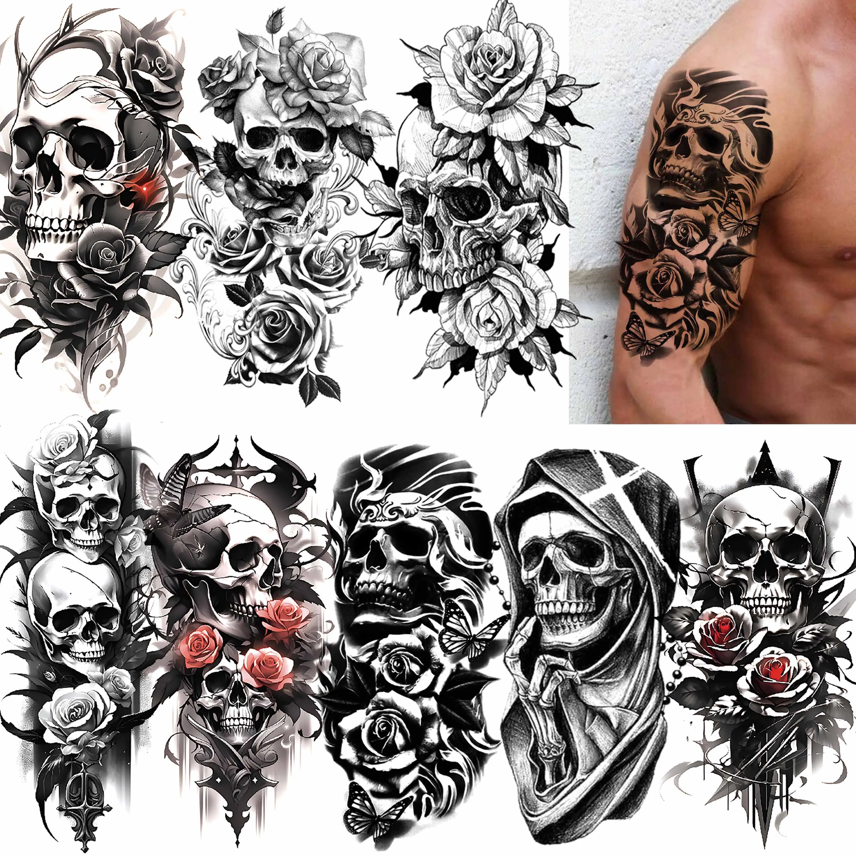 

1 лист, череп смерти, поддельный клейвер, скелет, временные татуировки для женщин, мужчин, взрослых, татуировка злого дьявола, наклейка, роза, пион, флора, лист