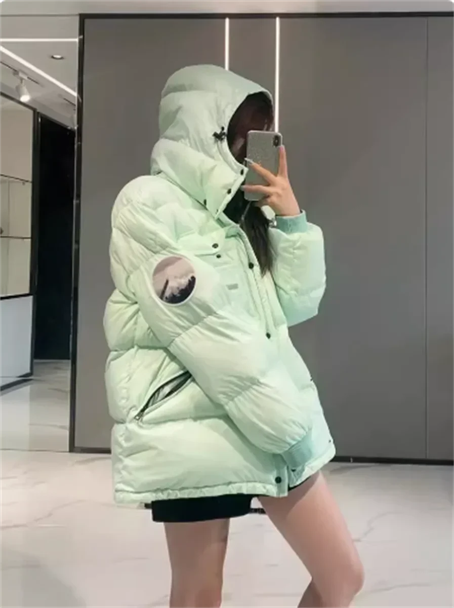 Mint green short down cotton jacket for women in autumn and winter with thickened design, niche couple bread jacket