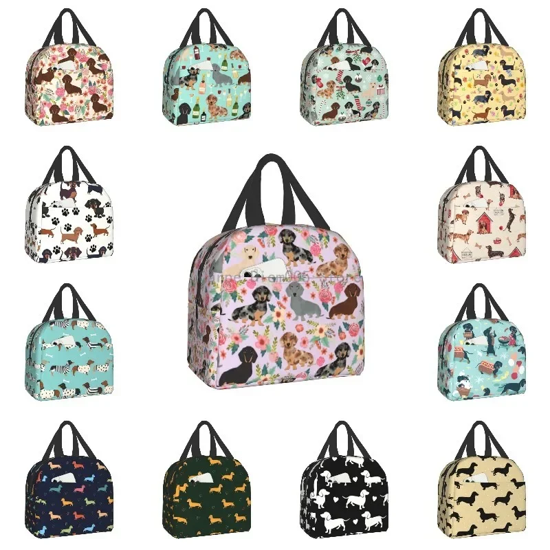 Dachshund Flowers Insulated Lunch Bag Picnic Travel Wiener Sausage Dog Portable Thermal Cooler Bento Box Kids School Lunch Bags