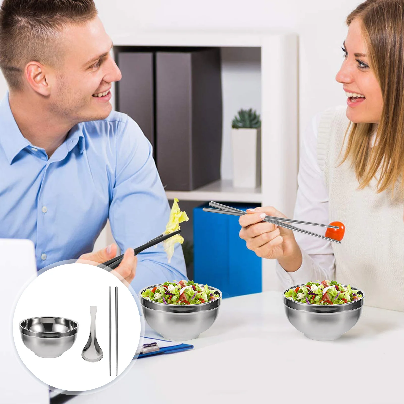 

1Set Portable Stainless Steel Bowls Chopsticks Spoons Set Food Grade Material Easy Clean Antiskid Bottom Ideal Hot Cold