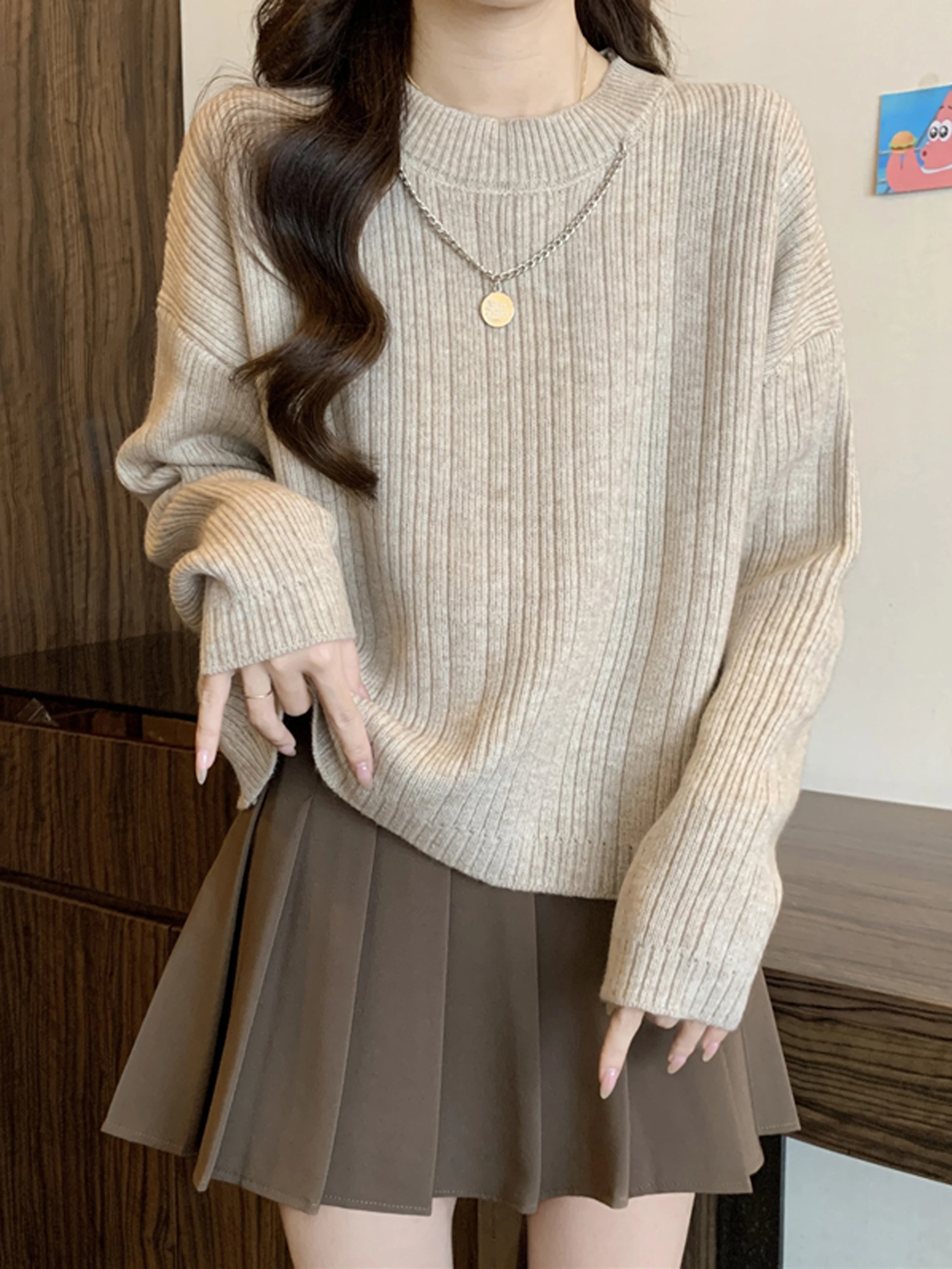 Thiened round Ne Warm Sweater Women Autumn Winter New Loose Casual ort Vintage Lazy Sle Long Sve Top Cotton Blend
