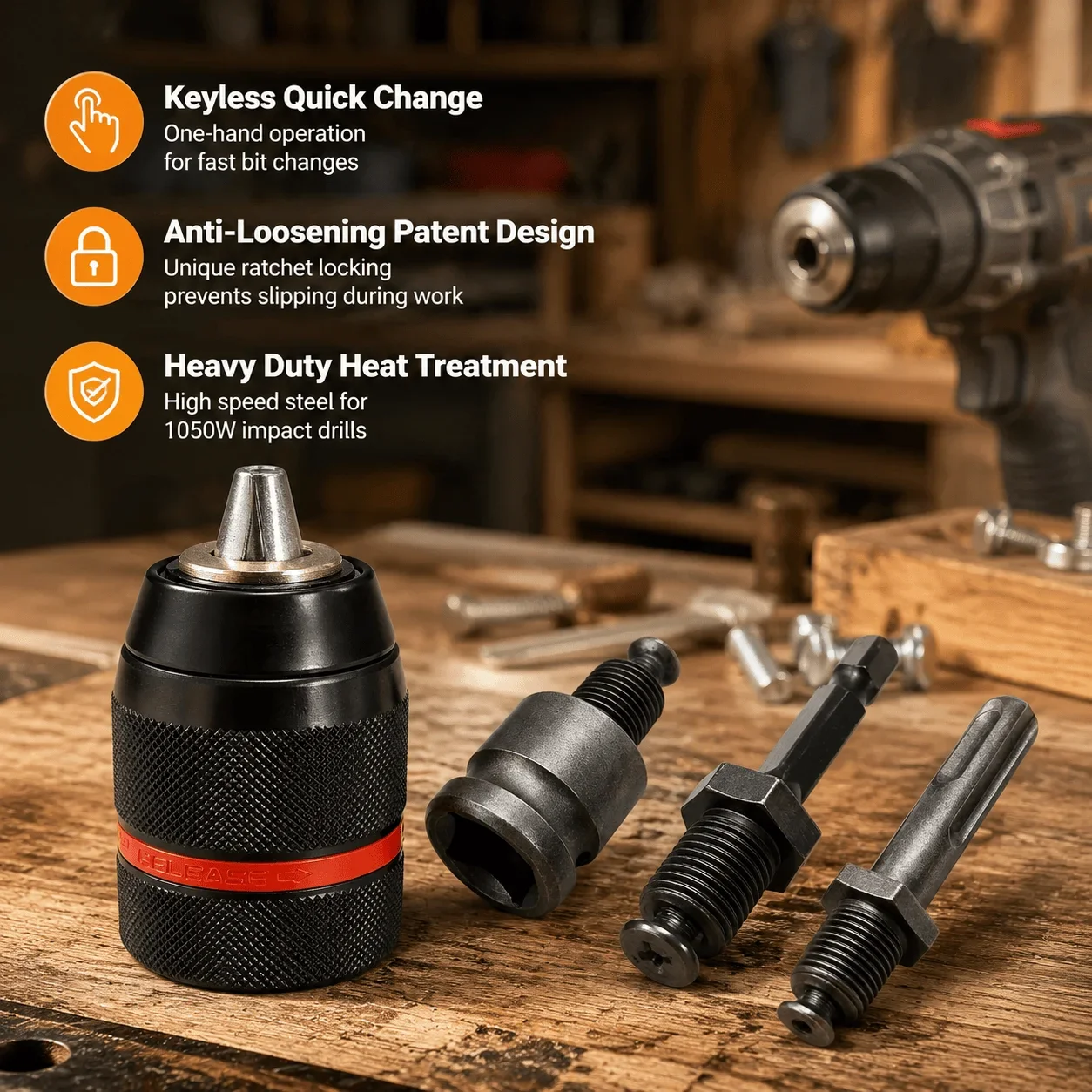 Keyless Drill Chuck SDS Plus Adapter Impact Drill Chuck Quick Change Hex Shank Adapter Heavy Duty Heat-Treated Steel Multi-Adapter Conversion Kit With Anti-Loosening Patent Design Superior Clamping Force For Professional Power Tool Accessories Set