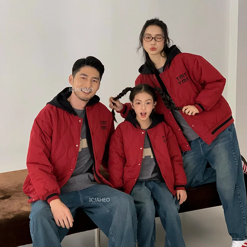 Family Matching Jackets Red with Hood Mom and Kids 3-4 Persons Warm Cotton Padded Outfit Holiday Winter New Year Coat Clothes