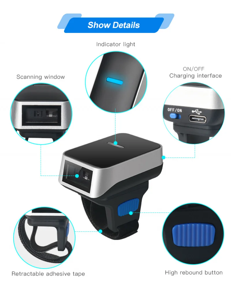 Mini Portable Bluetooth Barcode Scanner 1D & 2D Ring Finger Code Reader with 1MP Camera Wireless USB Device for Android/IOS