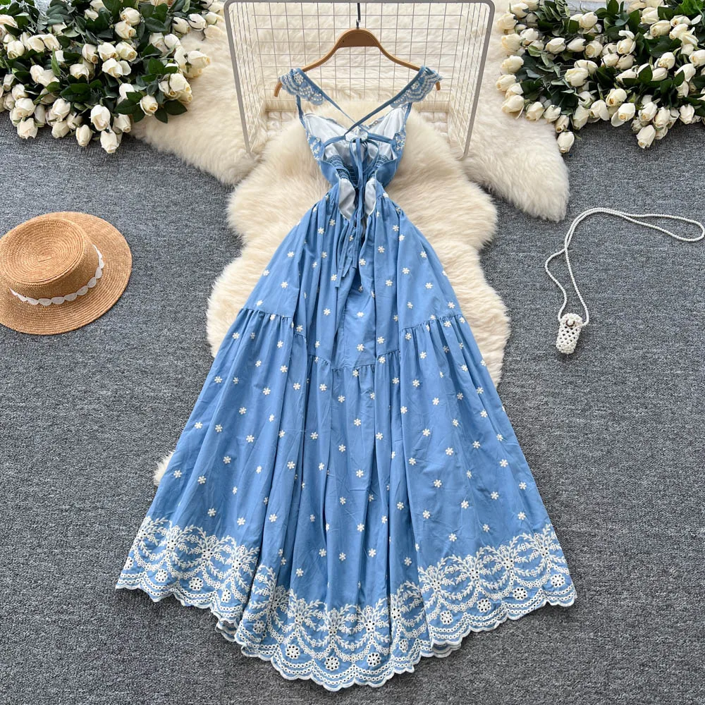 Chic stampa vintage dolce ricamato sottile elegante fata moda coreana Boho vestito estivo abbigliamento donna Abito lungo